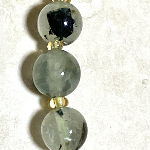 Genuine Prehnite Bronze Cat on the Moon Necklace, Gemstone Beaded Necklace - Picture 7 of 11